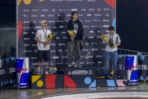 Pódio da final do skate street masculino do World Skate 2025 em São Paulo