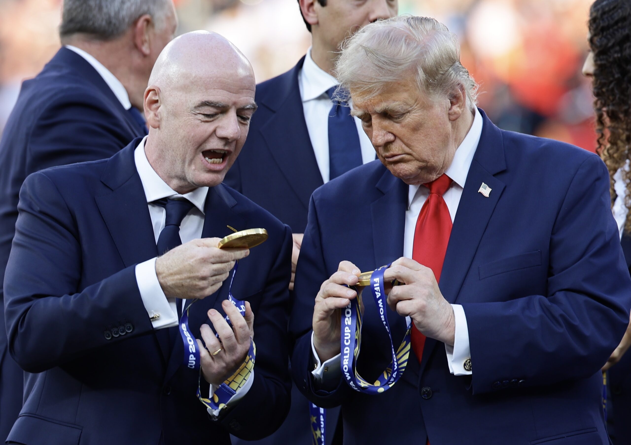 Spain Champion of FIFA World Cup 2026. July 19, 2026, New Jersey, USA: Spanish players receive medals from FIFA president Gianni Infantino, and President Donald Trump, with the presence of President of Mexico Claudia Sheinbaum, Prime Minister Mark Carney of Canada, King of Spain Felipe VI as Spain defeat Argentina 1-0 to win the FIFA World Cup 2026 final at New York New Jersey stadium in New Jersey. Credit: Niyi Fote/Thenews2