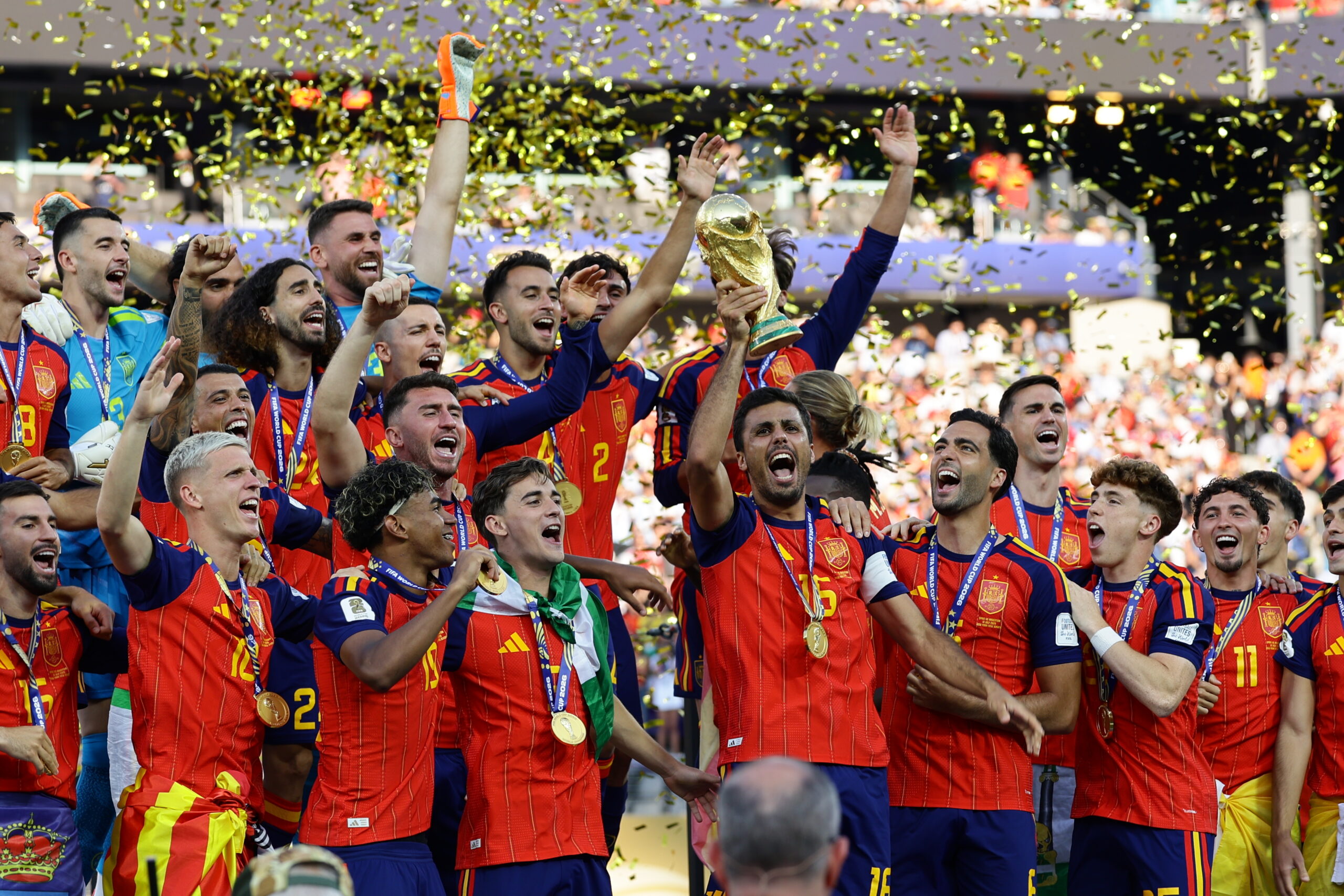 Spain Champion of FIFA World Cup 2026. July 19, 2026, New Jersey, USA: Spanish players celebrate their victory as they defeat Argentina 1-0 to win the FIFA World Cup 2026 final at New York /New Jersey stadium in New Jersey. Credit: Niyi Fote/Thenews2
